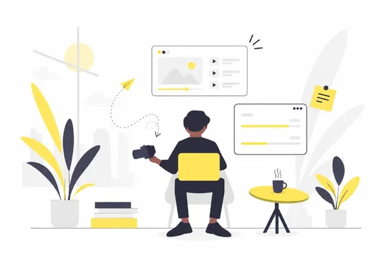 Professional digital marketer sitting with laptop, holding megaphone, managing online campaigns and content strategy